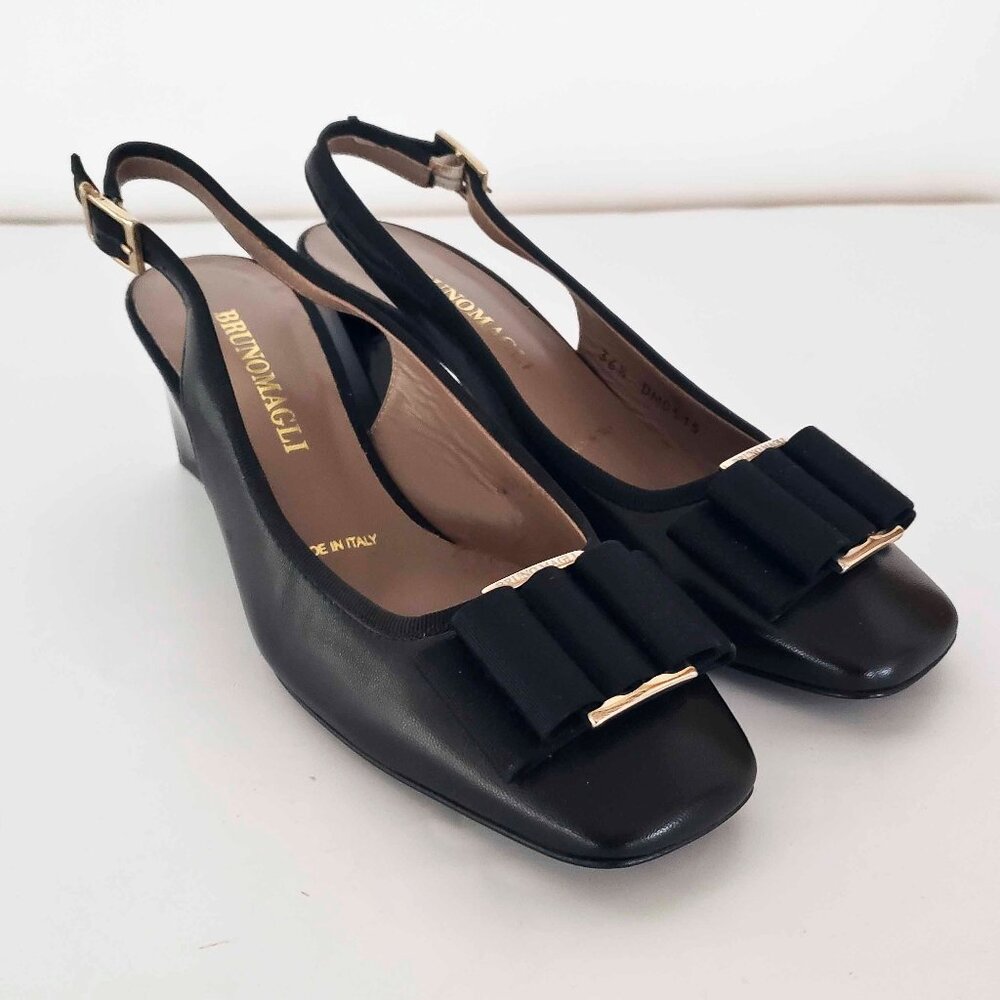 Bruno Magli Black Leather Buckle Toe Sling Back Pumps 6.5 NEW